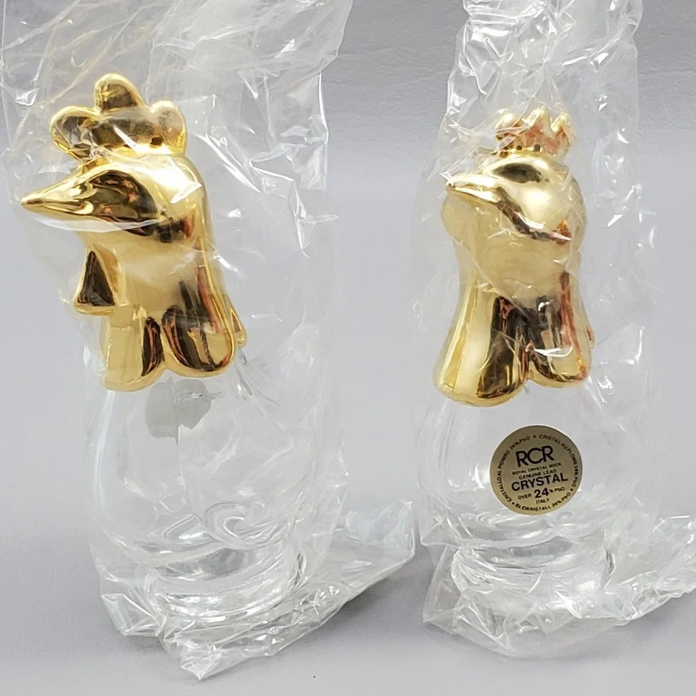 Rooster Hen Salt & Pepper Shakers Royal Crystal Rock RCR Crystal Gold Italy